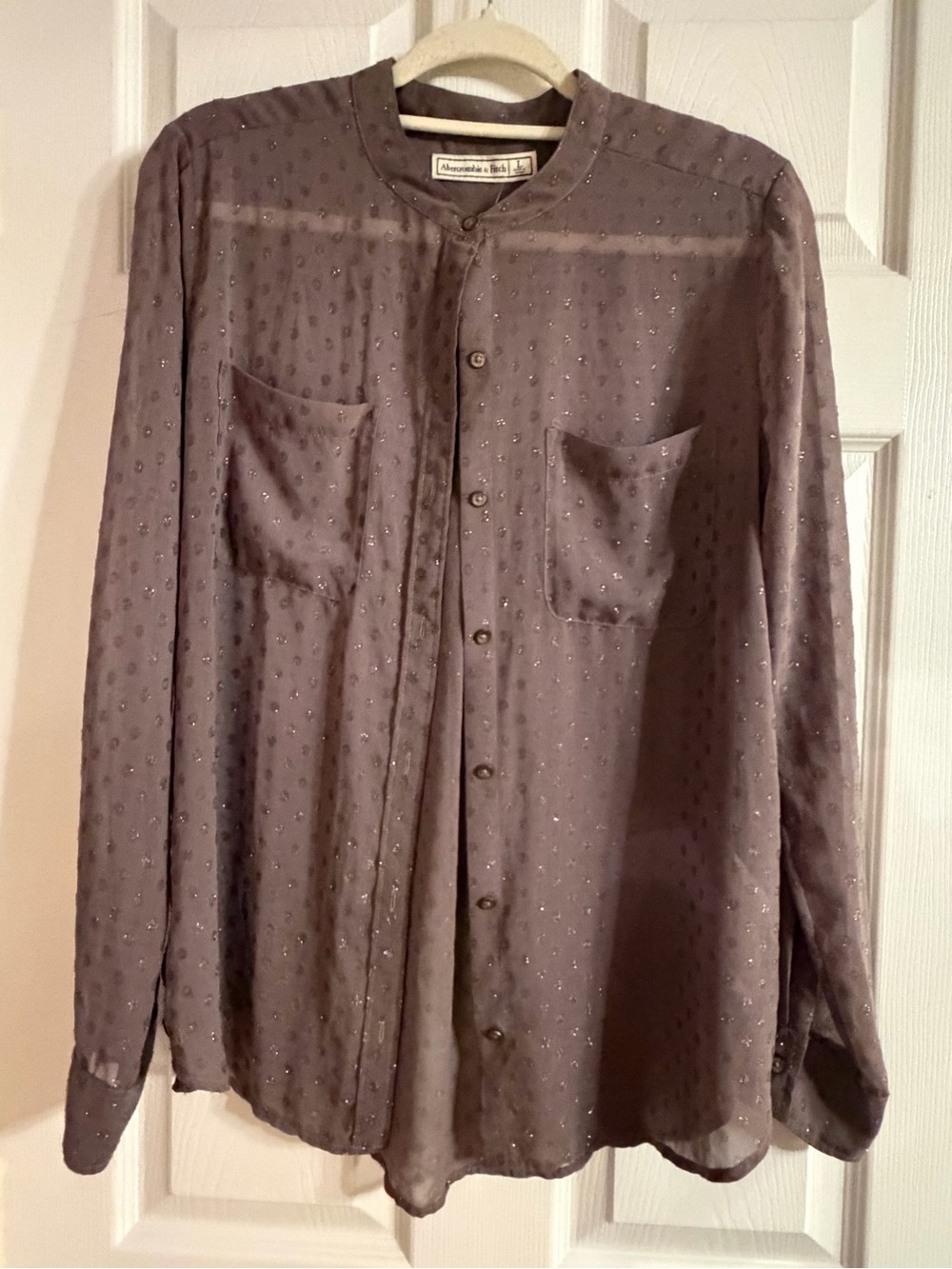 Abercrombie & Fitch Women’s L Dusty Plum Taupe Polka Dot Sheer Button Blouse